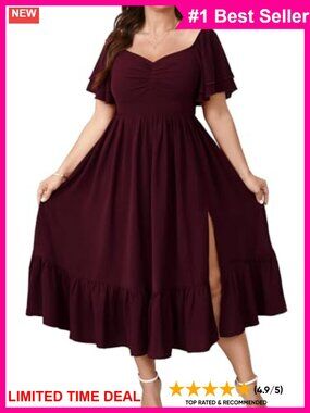 Plus Size Ruffle Sleeve Sweetheart Neck Maxi Dress Side Slit A-Line
